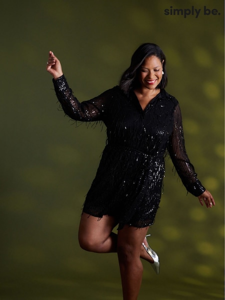 Simply Be Black Fringed Sequin Shirt Dress (G50469) | £65