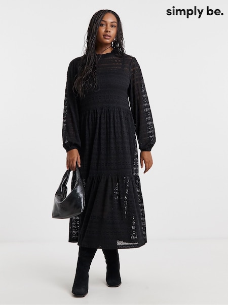 Simply Be Black Tiered Lace Midi Dress (G50480) | £48