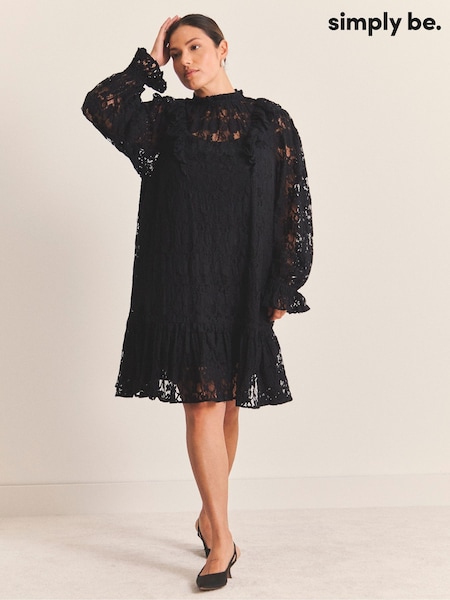 Simply Be Black Lace Ruffle Mini Dress (G50485) | £48
