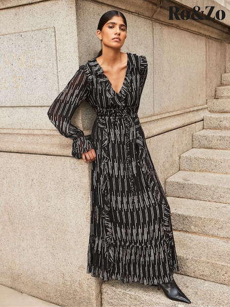 Ro&Zo Gold Petite Lydia Foil Tie Waist Midaxi Dress (G50537) | £159