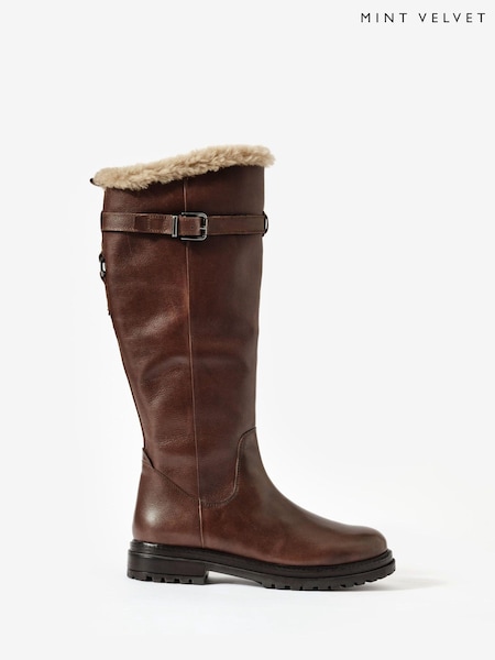 Mint Velvet Brown Kara  Leather Faux Fur Boots (G50573) | £220