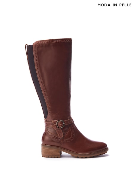 Moda in Pelle Brown Hesdin Brogue Detailing Elastic Panel Long Boots (G50581) | £159