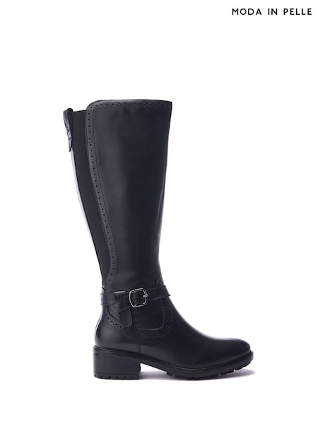 Moda in Pelle Black Hesdin Brogue Detailing Elastic Panel Long Boots (G50588) | £159