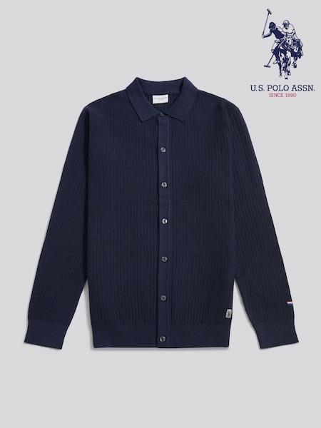 U.S. Polo Assn Blue Check Texture Button Thru Long Sleeve Polo Shirt (G50697) | £75