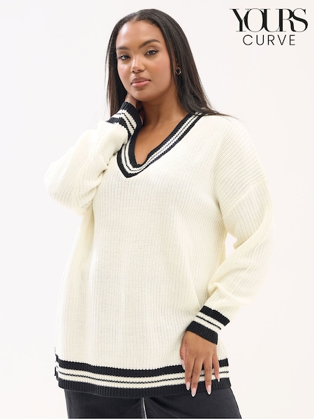 Yours Curve White Tennis V-Neck Front Jumper (G50742) | £24