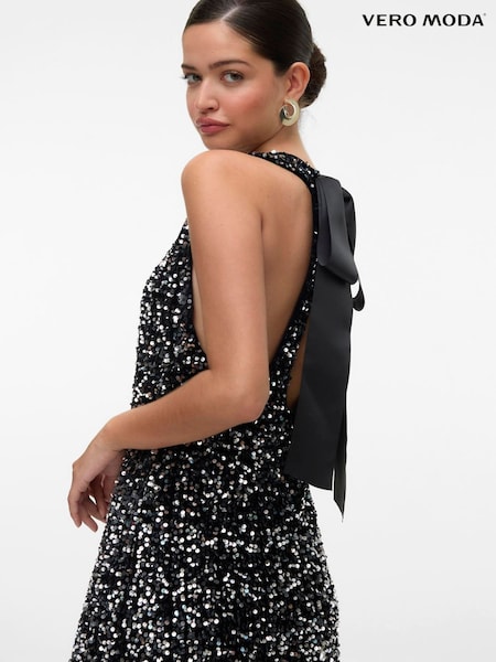 VERO MODA Silver Bow Tie Back Sequin Dress (G50874) | £42