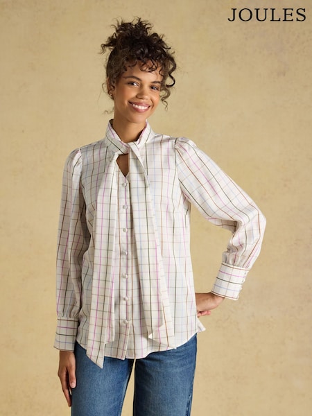 Cream Tattersall Check - Joules Tabby Tie Neck Blouse