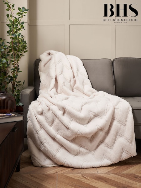 BHS Cream Chevron Faux Fur Throw (G50949) | £65