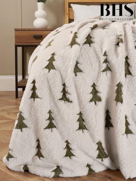 BHS Cream or Green Christmas Trees Faux Fur Throw (G50959) | £50