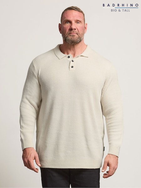 BadRhino Big & Tall Natural Chunky Ribbed Long Sleeve Knitted Polo Shirt (G50990) | £34