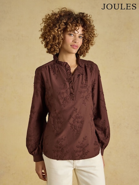 Brown - Joules Melanie Embroidered Frill Neck Blouse