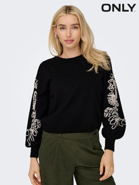 ONLY Black Floral Embroidered Knit Jumper (G51196) | £45
