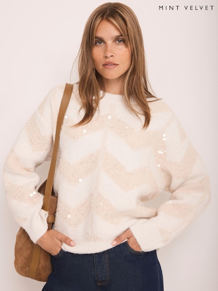 Mint Velvet White Zig Zag Sequin Jumper (G51431) | £120