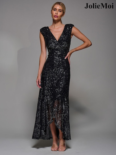 Jolie Moi Black Ruffle Hem Sequin Sleeveless Maxi Dress (G51493) | £65
