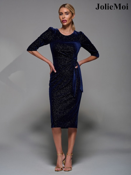 Jolie Moi Blue Velvet Glitter Bodycon Midi Dress (G51496) | £60