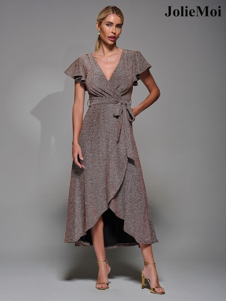 Jolie Moi Gold Metallic Angel Sleeve Wrap Maxi Dress (G51507) | £60