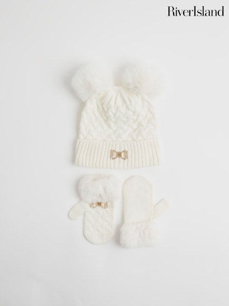 River Island Cream Core Beanie Gloves & Scarf Bundle Set (G51713) | £16