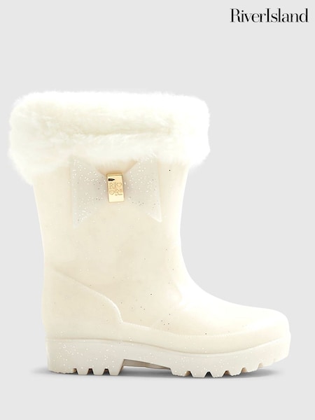 River Island Cream Glitter Fur Cuff Bow Wellies (G51717) | £18