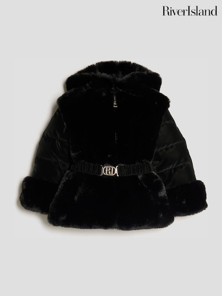 River Island Black Belted Fur Padded Coat (G52096) | £48