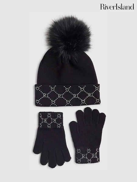 River Island Black Hotfix Beanie & Gloves Set (G52539) | £22