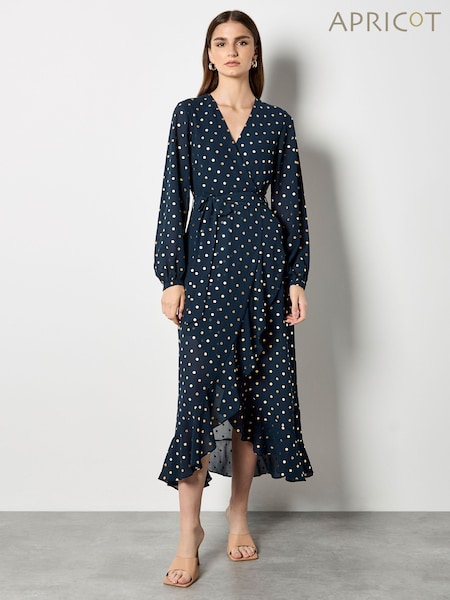 Apricot Blue Foil Polkadot Ruffle Wrap Dress (G52562) | £50
