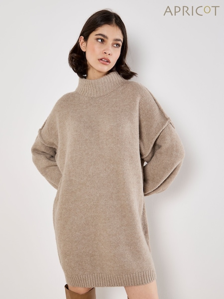Apricot Natural Fuzzy Oversized Mock Neck Jumper Dress (G52586) | £50