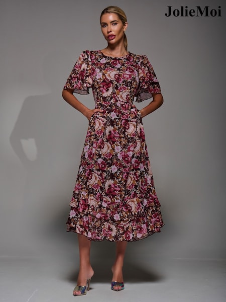 Jolie Moi Burgundy Frill Detail Chiffon Midaxi Dress (G52715) | £78