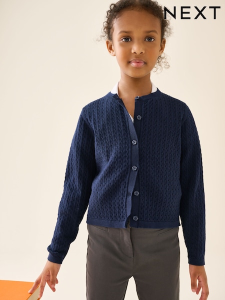 Navy Blue - Cotton Rich Cable Knit School Cardigan (3-16yrs)
