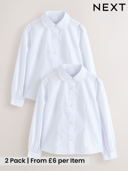 White - 2 Pack Long Sleeve Lace Edge Collar School Shirts (3-14yrs)