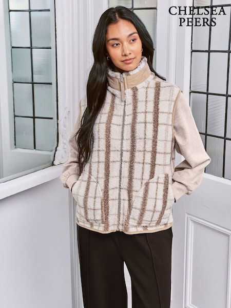 Chelsea Peers Natural Borg Fleece Beige Plaid Reversible Gilet (G52836) | £65