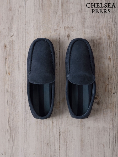 Chelsea Peers Blue Suede Moccasin Slippers - Navy (G52840) | £60