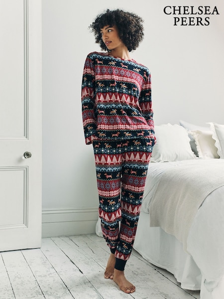 Blue Christmas Dog Fairisle Print Long Pyjamas Set (G52845) | £39