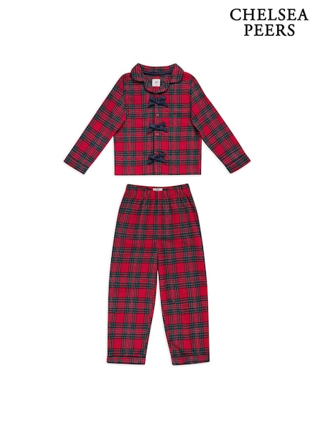 Chelsea Peers Red Cotton Tartan Check Tie Front Long Pyjamas Set (G52846) | £38