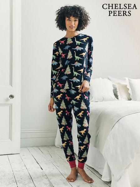 Blue Christmas Dinosaur Print Long Pyjamas Set (G52867) | £39