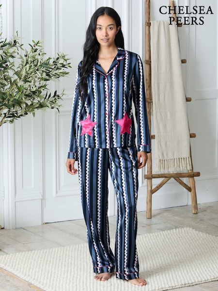 Chelsea Peers Blue Satin Star Pocket Striped Long Pyjamas Set (G52870) | £58