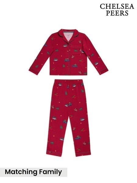 Red TENCEL™ Modal Christmas Tree Car Print Long Button Up Pyjamas Set (G52871) | £38