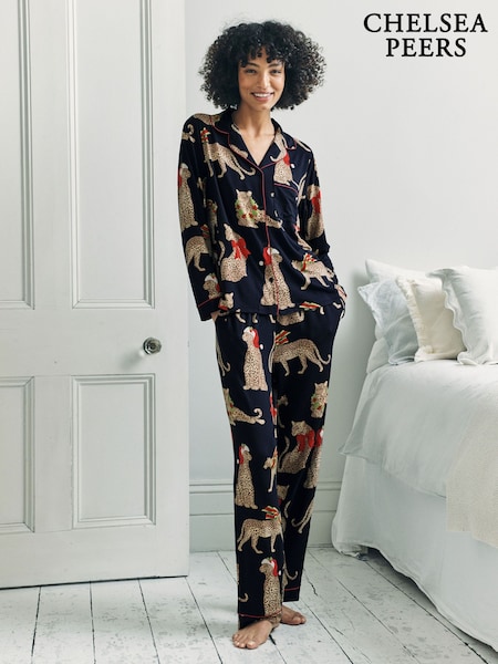 Blue Christmas Leopard Print Long Pyjamas Set (G52873) | £45