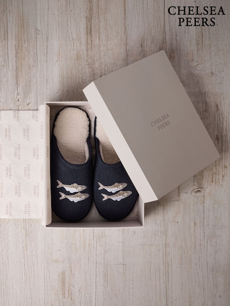 Chelsea Peers Blue Corduroy Embroidered Fish Slippers (G52876) | £40