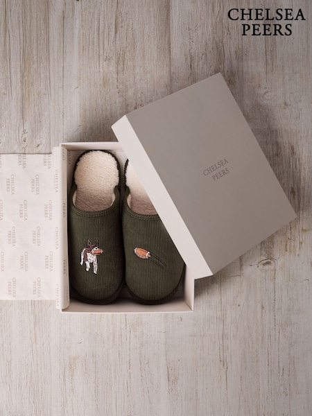 Chelsea Peers Green Corduroy Embroidered Rugby Dogs Slippers (G52888) | £40