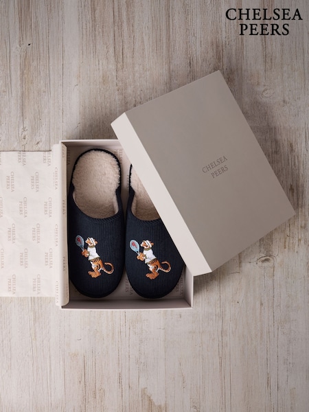 Chelsea Peers Blue Corduroy Embroidered Tennis Tiger Slippers (G52898) | £40
