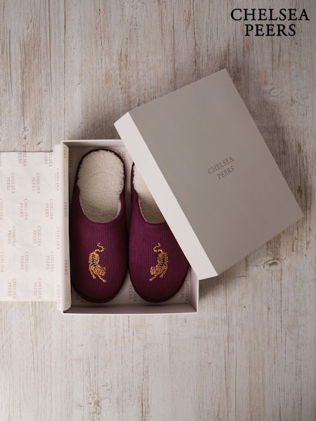 Chelsea Peers Red Corduroy Embroidered Tiger Mule Slippers (G52903) | £40