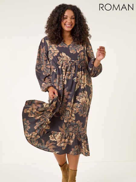 Roman Brown Curve Floral Print Midi Dress (G52912) | £52