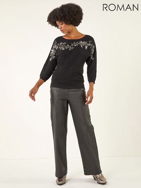 Roman Black Embellished Floral Sequin Knit Jumper (G53330) | £45