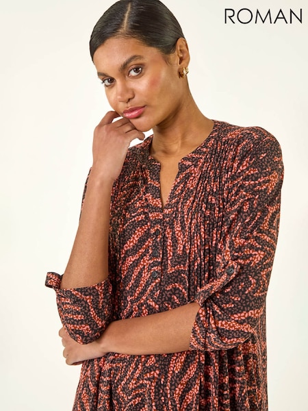 Roman Brown Animal Print Pintuck Stretch Shirt (G53332) | £45