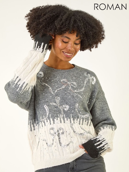 Roman Grey Jacquard Bow Knit Jumper (G53359) | £50