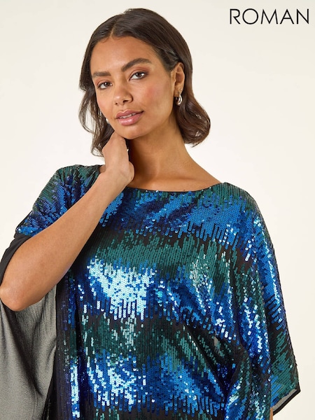 Roman Blue Ombre Sequin Mesh Chiffon Tunic Top (G53372) | £58