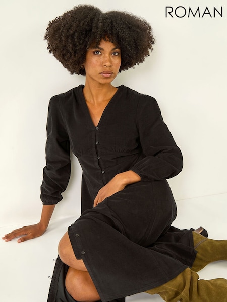 Roman Black Corduroy Button Through Midi Dress (G53381) | £60