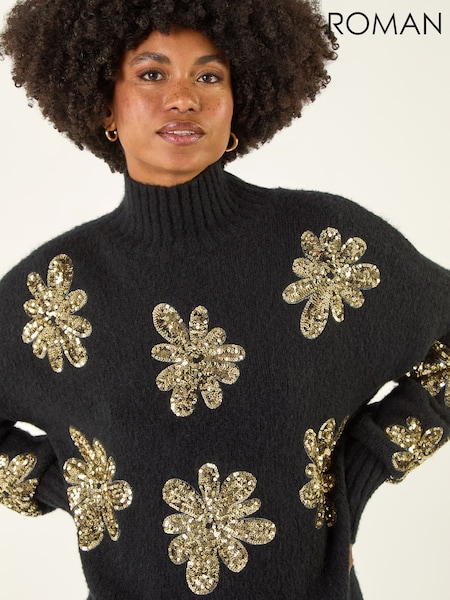 Roman Black Floral Sequin Knit Jumper (G53382) | £52