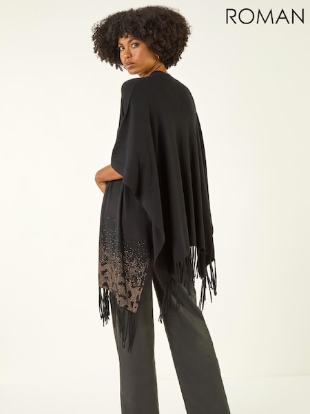 Roman Black Tassle Hotfix Trim Knit Poncho (G53406) | £45