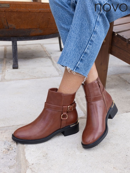 Novo Brown Dora Buckle Ring Detail Flat Ankle Boots (G53457) | £42